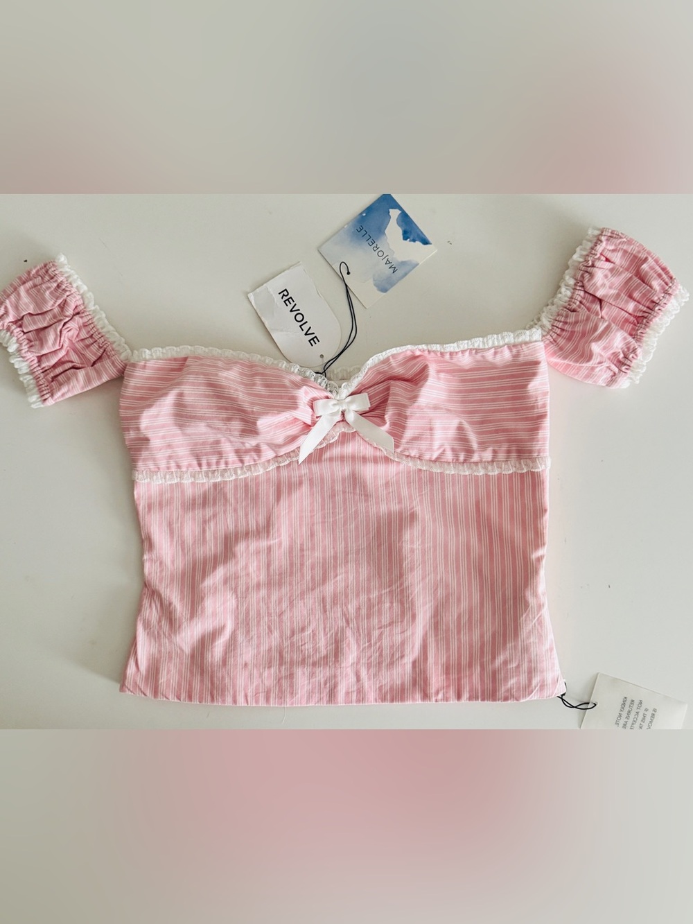 REVOLVE MAJORELLE - Pink Stripe Off-Shoulder Bow Tie Crop Top